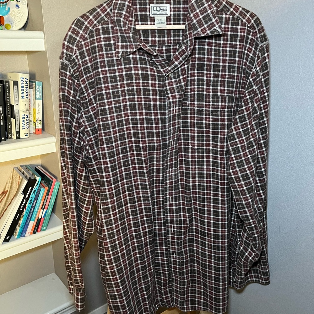 L.L. Bean Men's Plaid Button Down Shirt - Brown and White
